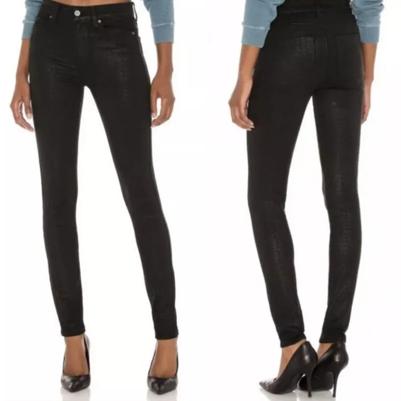 PAIGE Pants - PAIGE Hoxton Ultra Skinny Black Croc Luxe Coating Black Denim Jeans Womens 28